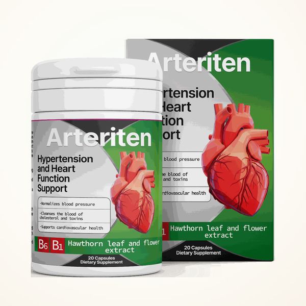 Barattolo e scatola verdi di Arteriten con il cuore rosso in etichetta