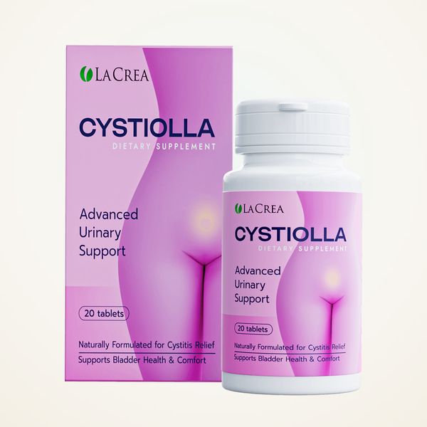 Flacone bianco e scatola lilla di Cystiolla da 20 compresse