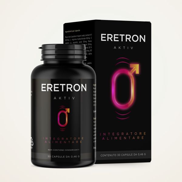 Flacone nero di Eretron Aktiv con la sua scatola