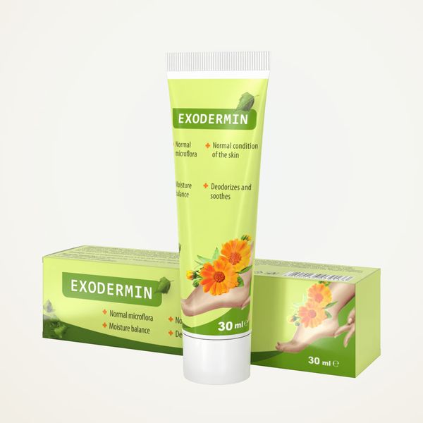 Tubo verde e giallo di Exodermin da 30 ml sopra la sua scatola