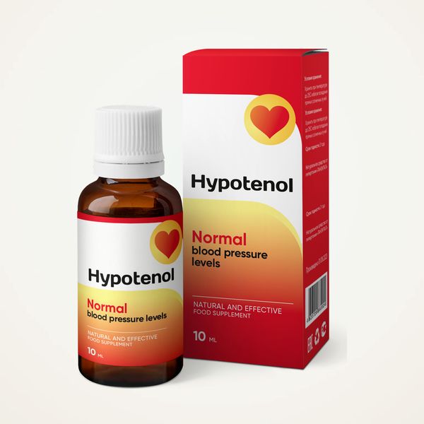 Flacone e scatola rossi e gialli di Hypotenol da 10 ml