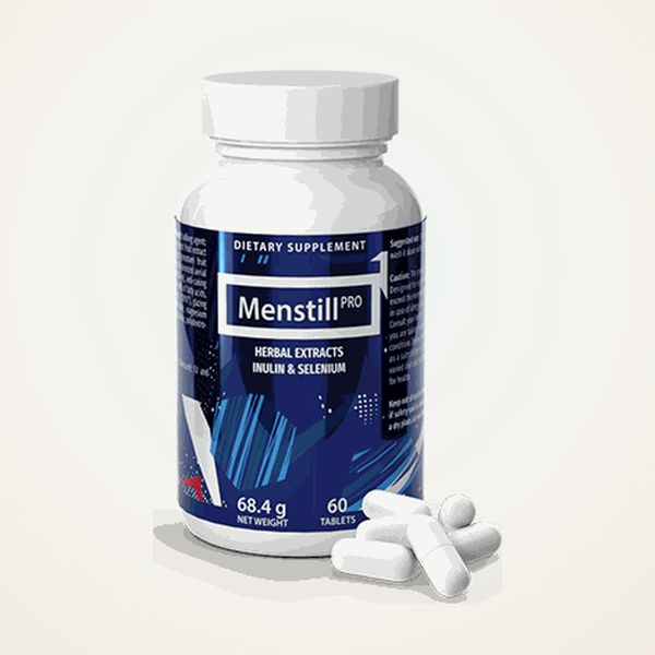 Flacone blu di Menstill Pro da 60 compresse con alcune compresse accanto
