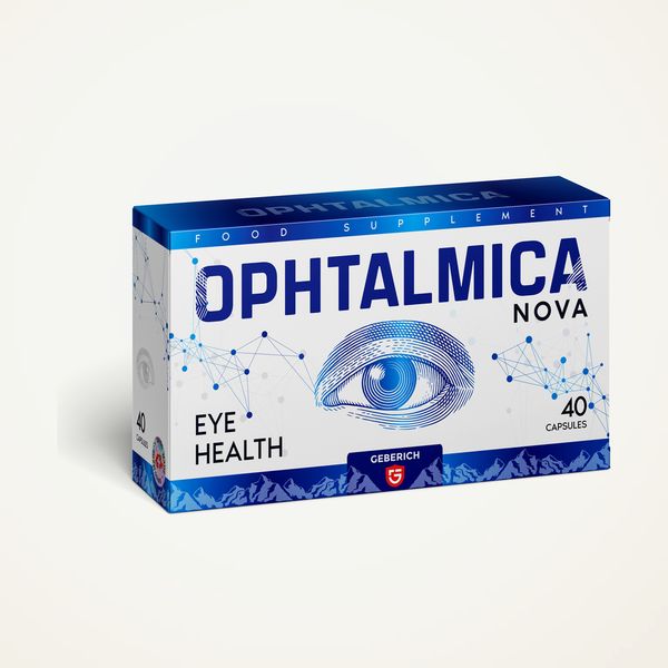Scatola blu di Ophtalmica Nova da 40 capsule con l'occhio in etichetta