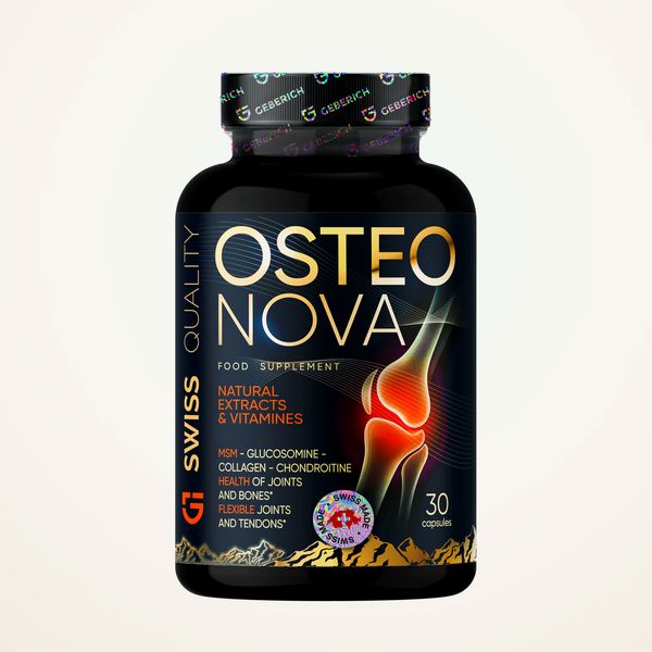 Flacone nero di OsteoNova da 30 capsule con il ginocchio illuminato in etichetta