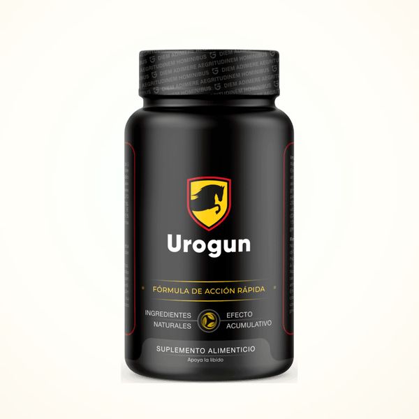 Flacone nero di Urogun con lo scudo dorato in etichetta